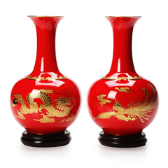 中国红瓷花瓶 家居装饰品摆件陶瓷花瓶礼品 特色结婚礼物龙凤呈祥