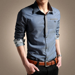 泰芝郎男士衬衫男长袖衬衣修身薄款纯色商务休闲韩版印花衣服男装