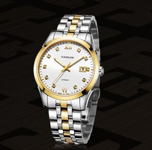 瑞士tangin天珺手表全自动机械表 男表 t8008g 间金白面 专柜正品