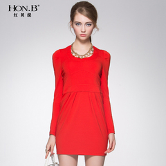 HONB红贝缇秋季新款女装修身显瘦长袖拼接一步裙通勤连衣裙L31004