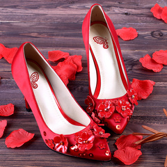 婚鞋红色高跟鞋细跟女结婚新娘鞋红鞋高跟尖头旗袍单鞋花朵高跟鞋