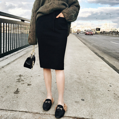 2016秋冬季新款女士韩版中长款系带包臀裙黑色口袋针织裙半身裙子
