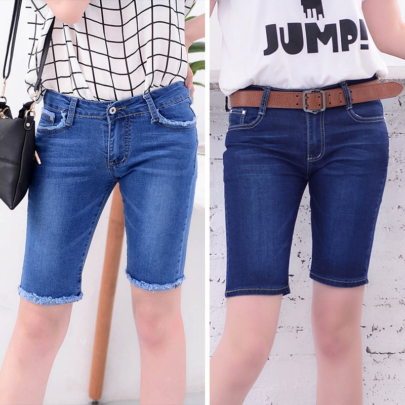 夏季寬松直筒五分牛仔褲女薄款彈力顯瘦大碼5分中褲四分六分短褲