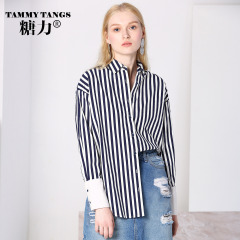 TAMMYTANGS糖力2016秋装新款欧美女装长袖蓝白条纹衬衫宽松上衣