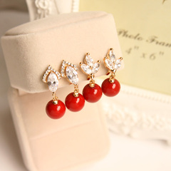 Shanzai bride and new red cubic zirconia 925 Silver Pearl Stud Earrings non-pierced earrings ear clip earrings ear studs