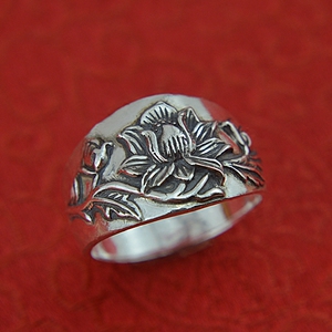 足银999复古浮雕莲花纯银戒指男士宽戒荷花板戒指环银戒男大码