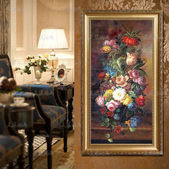 手绘有框油画客厅背景画装饰画客厅玄关挂画 竖版欧式壁画花卉