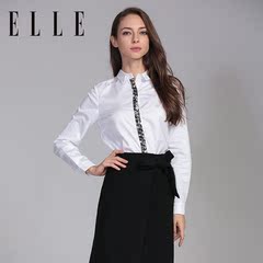 ELLE女装2016秋季新款欧美时尚抽象印花门襟拼接长袖白衬衫