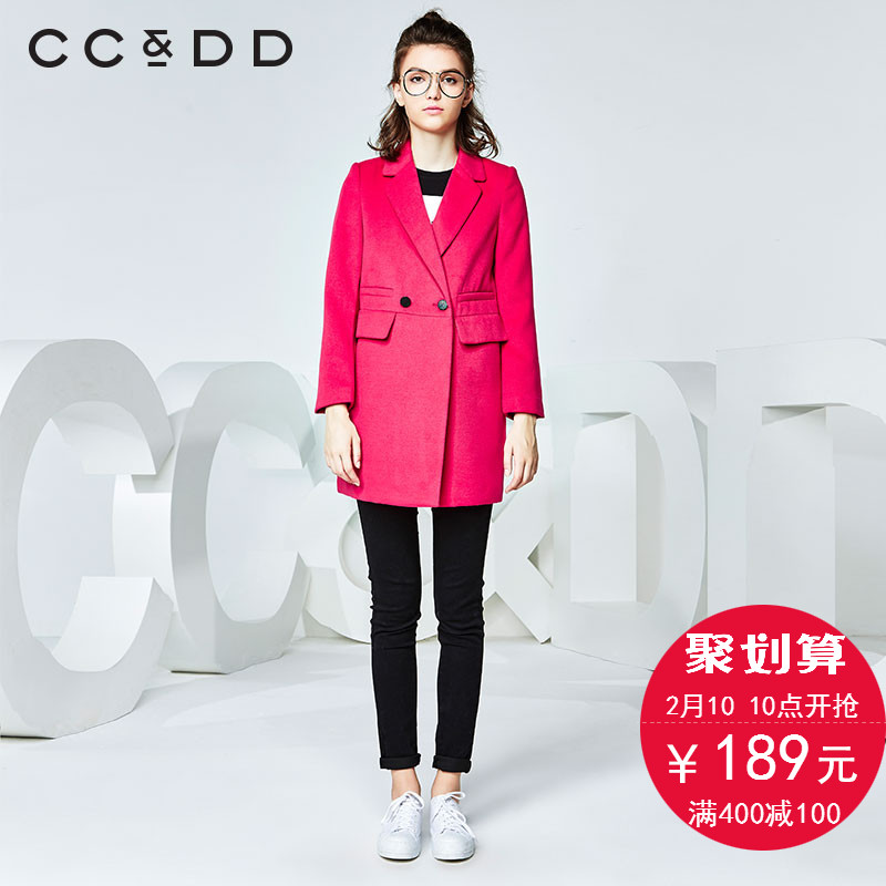 CCDD2016冬新款专柜正品女西装领双排扣廓形大衣韩版通勤OL外套产品展示图2