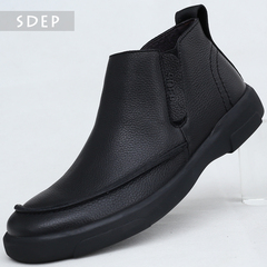 SDEP男靴短靴英伦马丁靴大小码真皮牛皮加绒加棉皮靴短筒高帮男鞋