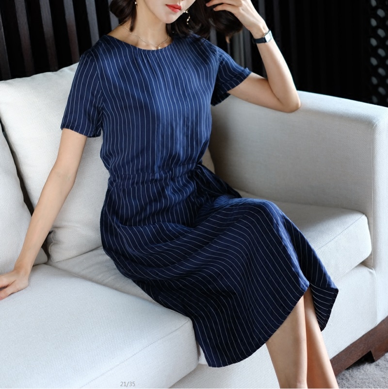 连衣裙女2018春夏季新款女装铜氨真丝条纹圆领系带收腰气质大码裙