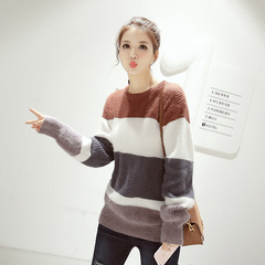 冬季新款韩版女装中长款拼色条纹圆领毛衣女简约加厚针织衫打底衫