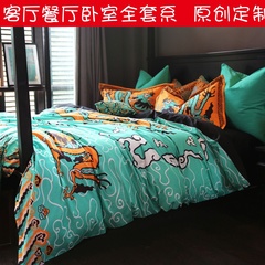 中国风纯棉民族风床品4件套件1.8米三四件套全棉个性原创龙袍印花