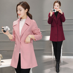 16新款秋冬季韩版时尚羊毛呢大衣女装中长款修身显瘦茧型粉色外套