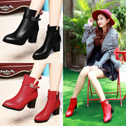 Shield Fox female rough heels shoes dark pointy side zipper leather shoes and wool in England the 2015 winter new tide