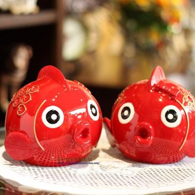 红色亲吻鱼情侣对鱼超萌亲嘴鱼摆件硬币存钱罐结婚礼物情人礼品