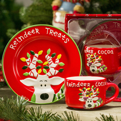 爱屋格林圣诞手绘立体杯盘套装 陶瓷咖啡杯马克杯盘子麋鹿圣诞杯