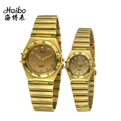 正品海博情侣手表 黄金镀金复古时尚男女手表一只 水钻情侣表腕表