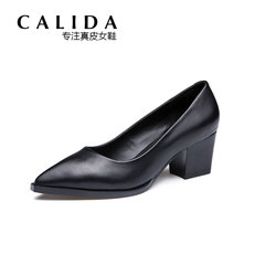 calida单鞋女鞋潮粗跟女式鞋子真皮工作单鞋女中跟黑色