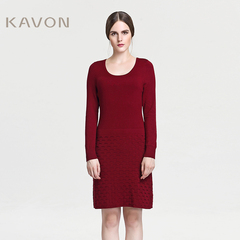 Kavon/卡汶 秋冬品牌 圆领套头立体镂空显瘦长袖毛衫中长连衣裙女