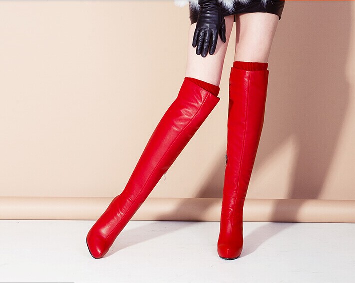 xiao的订单红色牛皮过膝长靴子粗高跟侧拉链真皮内防水台高帮长靴