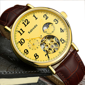 卡瑞达正品机械表手表男数字全自动防水潮男士真皮带镂空大表盘男