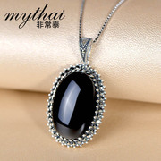 Thai Silver 925 natural black agate pendants Thai silver necklace vintage luxury women technology