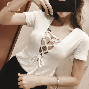 性感女装低胸打底衫露胸上衣绑带潮流t恤女背心短袖针织韩范