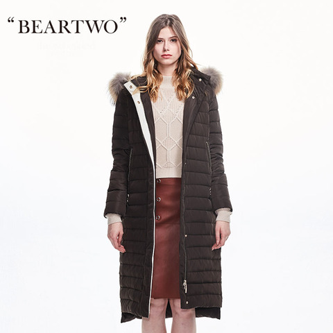 BEARTWO新款中长款羽绒服女修身貉子毛领羽绒外套BC6W8354B0
