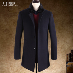 AJ冬装男士新款中长款高档水貂毛领羊毛呢大衣可脱卸羽绒内胆外套