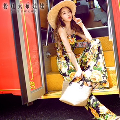 Casual pants big pink doll summer 2015 women's Bohemian strap with purple flower wide leg trousers