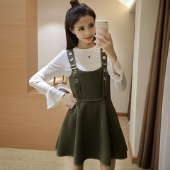 秋装新款2016韩版时尚修身显瘦背带连衣裙女纯色两件套长袖短裙子