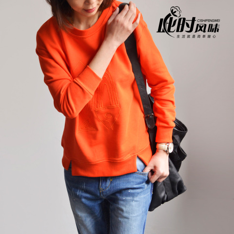 此时风味 宽松刺绣套头卫衣女圆领运动服春装新品 韩版长袖T恤