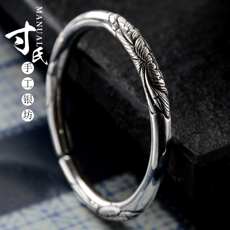 大理s999苍山雪花银牡丹花高端手工艺定制圆柱形雕花复古纯银手镯