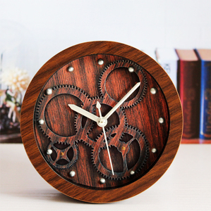 复古老木头色 3d立体齿轮闹钟 时尚创意 破旧欧式座桌面时钟表