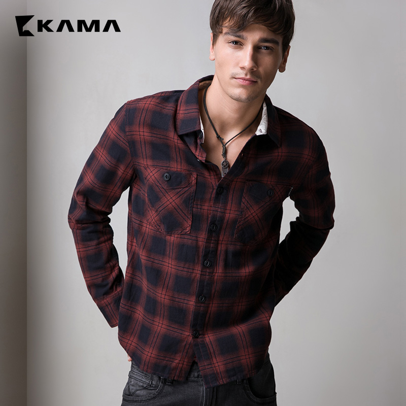 卡玛KAMA 新款冬装男士纯棉潮流经典格纹长袖格子衬衫2415801产品展示图1