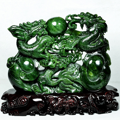 新疆和田玉雕厂 和田玉碧玉 双龙戏珠 摆件 7380g - 拍卖