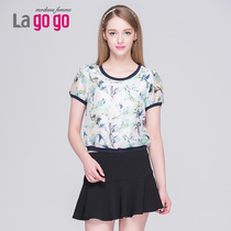 lagogo拉谷谷 2015夏季度假印花圆领包边撞色纱网上衣EBA610G348