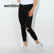 Westlink/West spring 2016 new black holes in jeans casual women's trousers slim skinny jeans