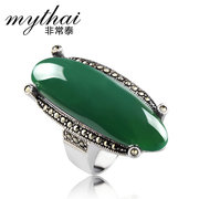 Thai Thai Silver 925 Silver European retro exaggerated personality wide green agate ring ring ladies