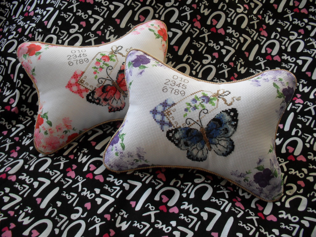 3D印花自己绣纯手工十字绣车枕颈枕骨枕成品粉蓝蝴蝶设计订做新款