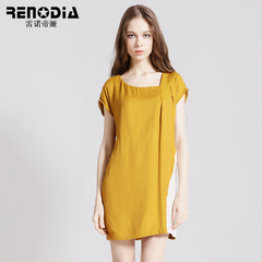 雷诺帝娅 2015新款女装夏装连衣裙姜黄色韩版拼接纯色短袖显瘦潮