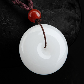 天然白色玉石平安扣吊坠 男女情侣款玉石项坠正品 带证书特价