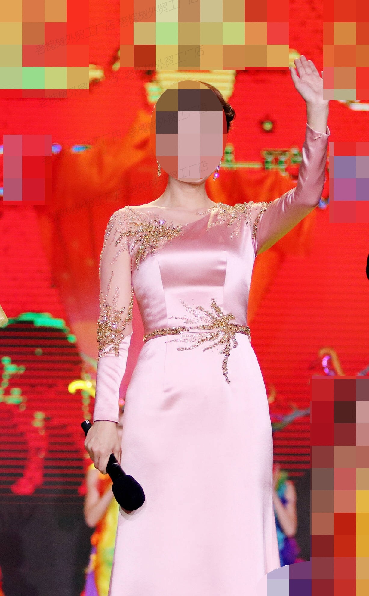 定制春晚同款主持人礼服2018长款司仪礼服女主持人婚礼长袖粉色