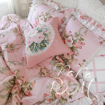 NANAROOM韩国进口粉色普罗旺斯玫瑰花丝带荷叶边公主风四件套床品