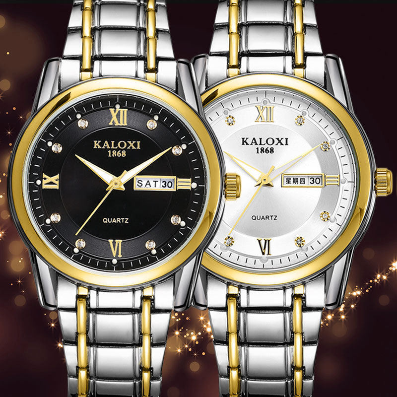 卡罗西时尚休闲男手表镶钻防水钢带表双日历显石英表夜光腕表包邮