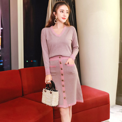 韩版2016秋装套装裙时尚名媛范甜美气质针织V领长袖两件套连衣裙