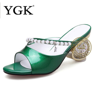 gucci馬夢包型號 YGK異型跟淺口水鉆串珠粗跟羅馬夏季頭層牛皮真皮一字型拖鞋2851 gucci