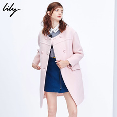 LILY2015冬季新品 纯色优雅宽松羊毛呢大衣外套115430F1235