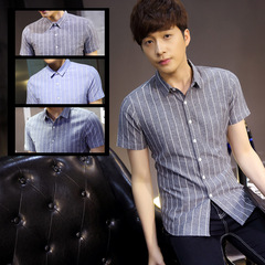 夏季男士短袖衬衫修身韩版纯棉休闲短袖衬衣寸衫青少年潮条纹